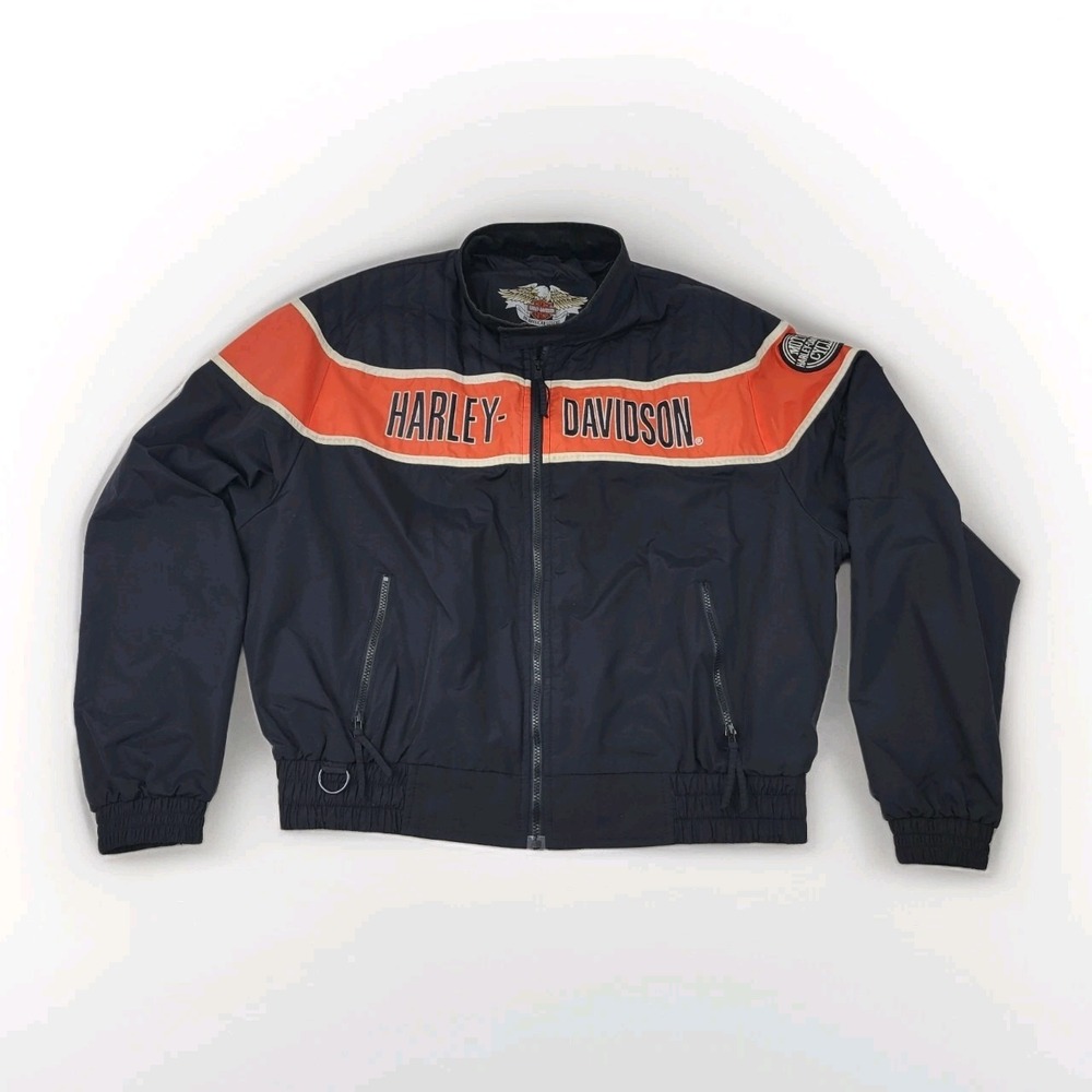 Harley Davidson Racing Jacket Mens Sz XXL Black Vtg Motorcycle Nylon Windbreaker